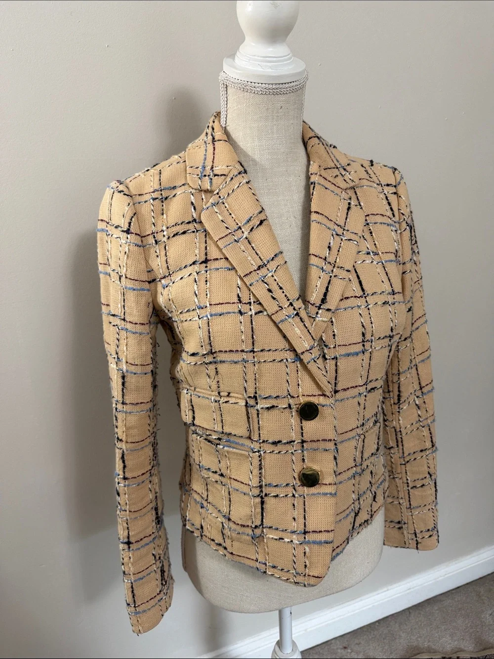 Tory Burch Beige Plaid Tweed Blazer with Navy Accents